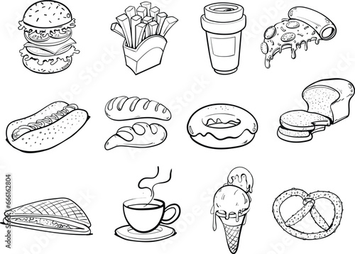 food and drink icons vector 12 item. freehand style 2d
