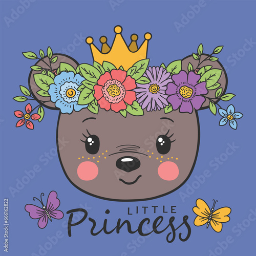 Cute bear girl with crown, floral wreath. Little Princess slogan text for t-shirt graphics, fashion prints, posters and other uses