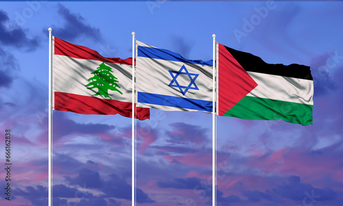 Flags of Israel, palestine and Lebanon The concept of tense relations between Israel and palestine .