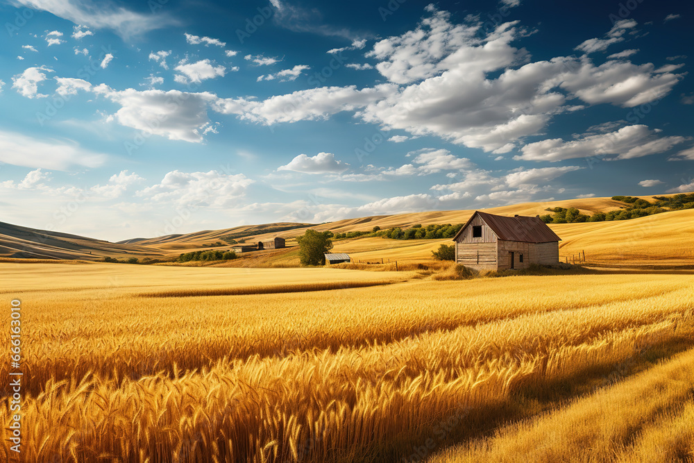 Golden wheat fields on rolling hills with a wooden barn and other farm structures, generative ai Golden wheat fields on rolling hills with a wooden barn and other farm structures, generative ai