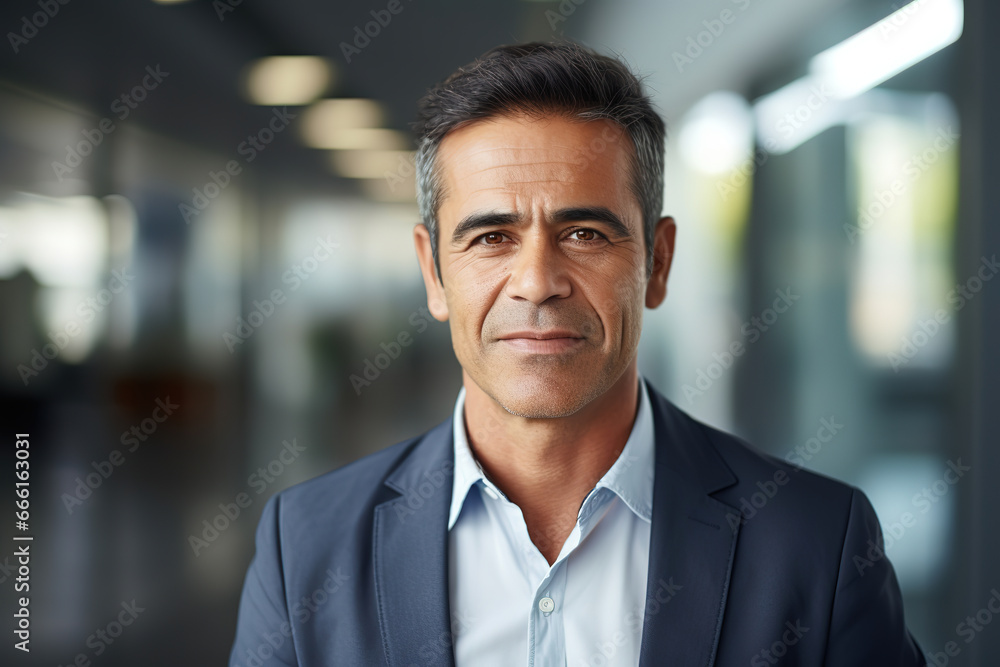 Headshot close up portrait of indian or latin confident mature good looking middle age leader, ceo male businessman on blur office background, generative ai Headshot close up portrait of indian or latin confident mature good looking middle age leader, ceo male businessman on blur office background, generative ai