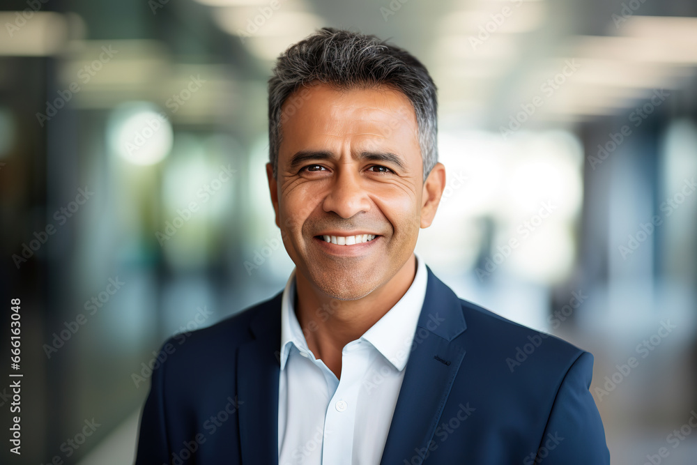 Headshot close up portrait of indian or latin confident mature good looking middle age leader, ceo male businessman on blur office background, generative ai Headshot close up portrait of indian or latin confident mature good looking middle age leader, ceo male businessman on blur office background, generative ai