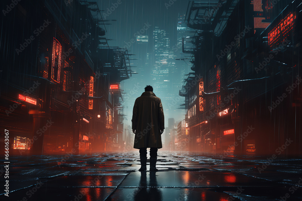 man walking down a dark city street under rain, futuristic, generative ai 
