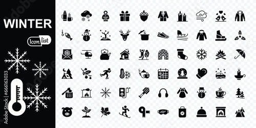 Winter   Icon Set. Winter Gloves, Snowflakes, Winter Hat, Coat, Hot Coffee, Winter Clouds, Cold Temperature, Snowman vector illustration.