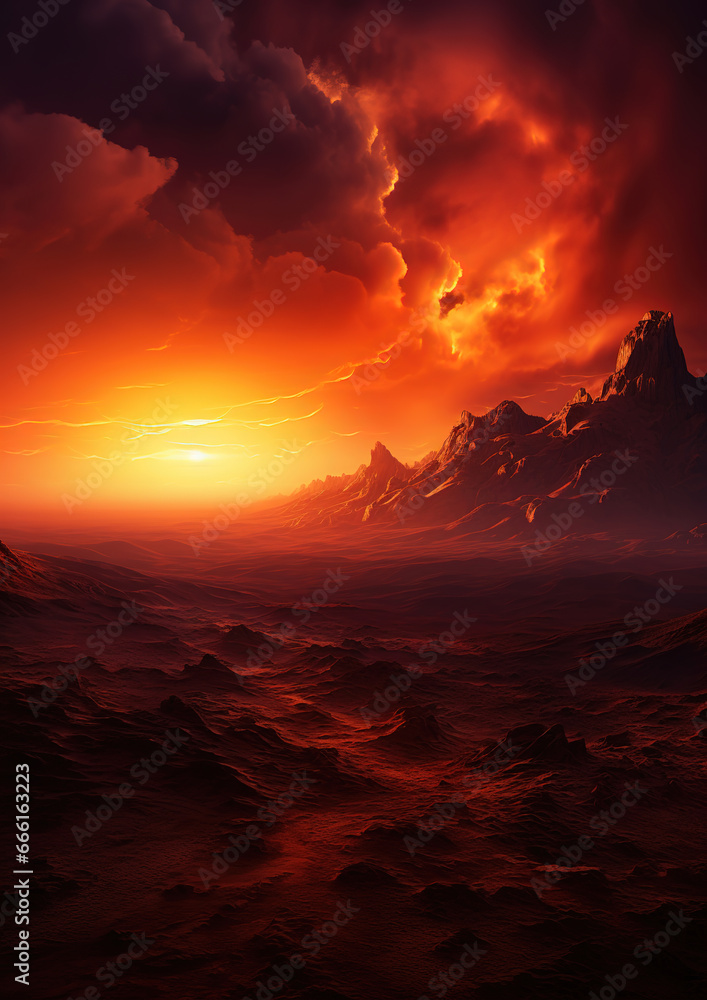 Dramatic fiery sunset with orange and red clouds and mountains in the distance, generative ai