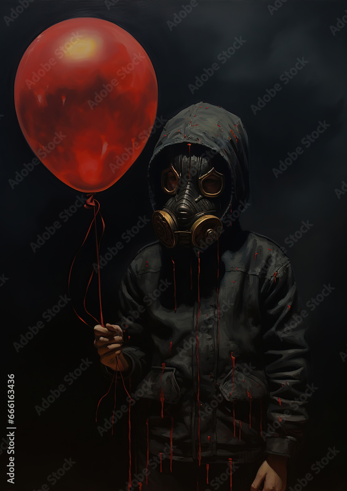 boy with a gas mask holding a red balloon, generative ai boy with a gas mask holding a red balloon, generative ai