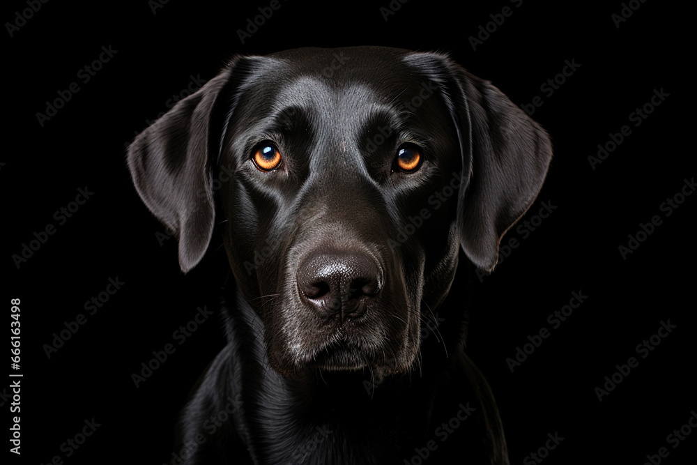 Portrait of a black labrador on a black background, generative ai Portrait of a black labrador on a black background, generative ai