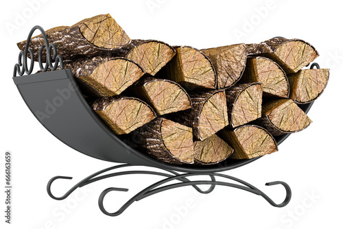 Fototapeta Naklejka Na Ścianę i Meble -  Firewood heap in cast iron grate, 3D rendering isolated on transparent background