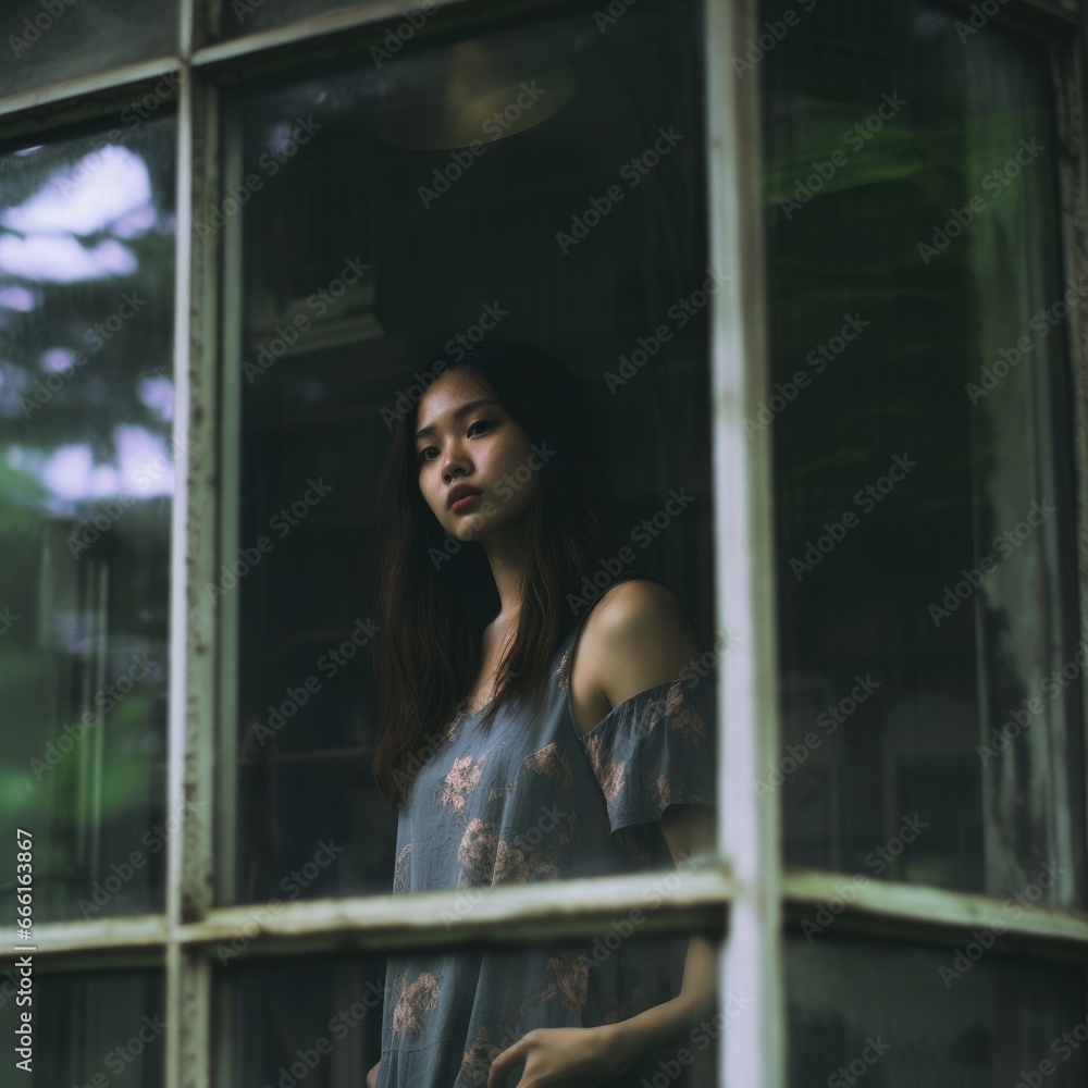 dreamy street photo cute pretty young woman glass window reflection glare gloomy sadness moment dreamy street photo cute pretty young woman glass window reflection glare gloomy sadness moment