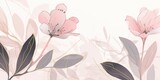 Botanical watercolour hand painted pink flowers and leaf branch with line art