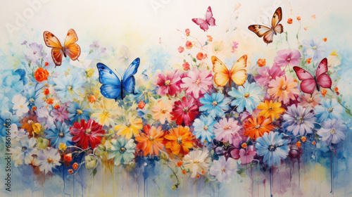 Acryl drawing of small colorful flowers and butterflies photo