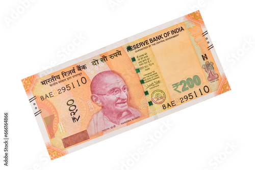 Top view of 200 indian rupee note on white background