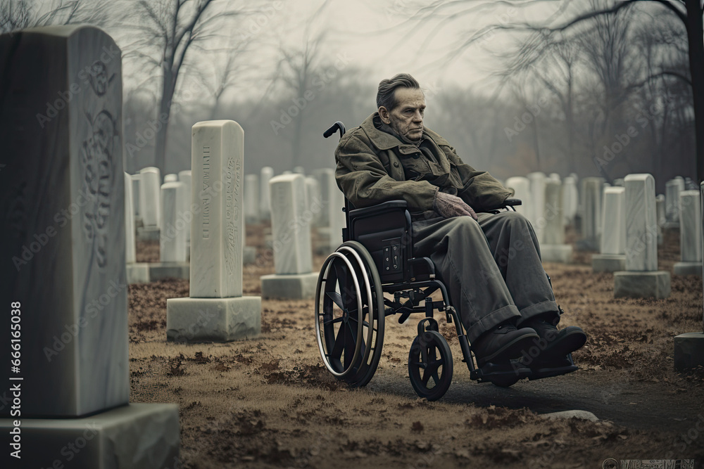 Veteran in wheel chair in a cemetery.