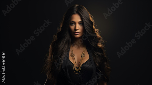 dark studio portrait of beautiful woman with black Versace cloths and gold jellary, straight very long hair, very warm lighting, darkness mood