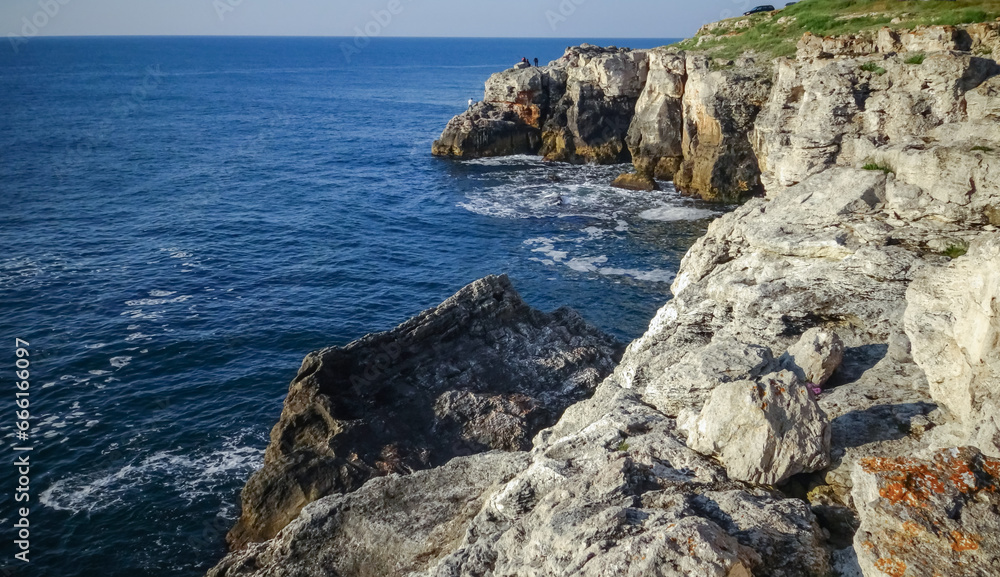 High inaccessible coastal cliffs made of shell rock near the village of Tyulenovo, southern Bulgaria
