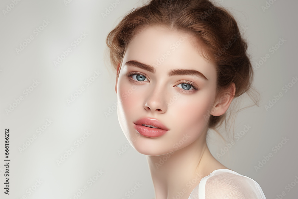 Close-up portrait of beautiful young woman with clean fresh skin, natural make-up. Studio shot. Close-up portrait of beautiful young woman with clean fresh skin, natural make-up. Studio shot.