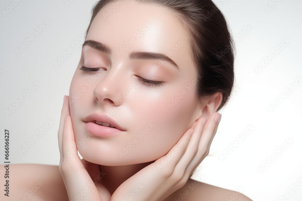 Close-up portrait of beautiful young woman with clean fresh skin, natural make-up. Studio shot. Close-up portrait of beautiful young woman with clean fresh skin, natural make-up. Studio shot.