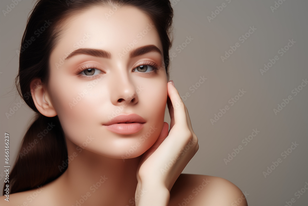 Close-up portrait of beautiful young woman with clean fresh skin, natural make-up. Studio shot.