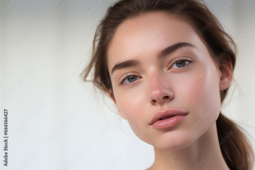Close-up portrait of beautiful young woman with clean fresh skin, natural make-up. Studio shot. Close-up portrait of beautiful young woman with clean fresh skin, natural make-up. Studio shot.