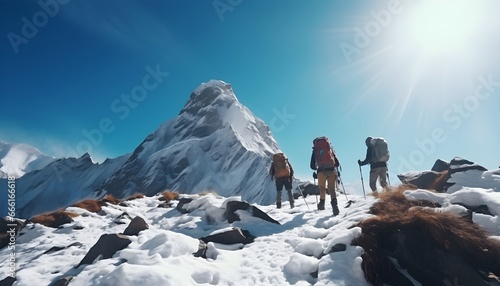 Group of people hiking in winter time at dangers mountains, AI generative.