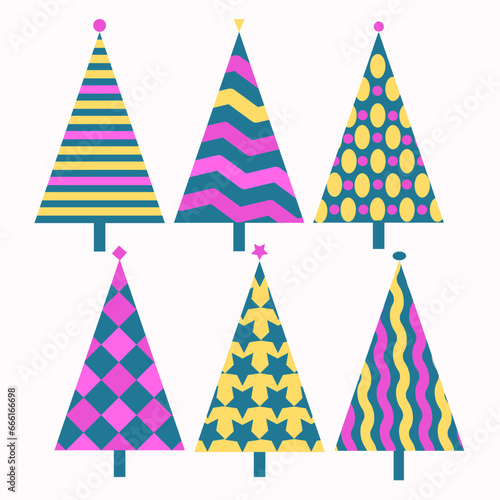 A set of Christmas trees decorated with geometric ornaments, stripes, waves, stars, ovals. Emerald, lilac, yellow colors. For postcards, invitations, etc.