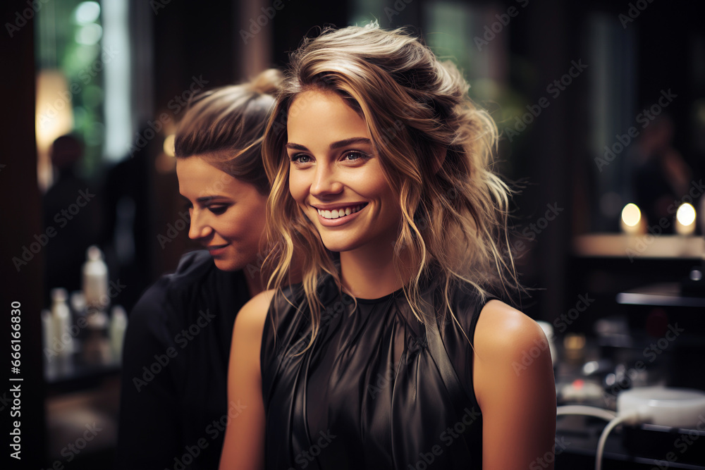 Hairdresser combing a woman's hair in a modern beauty center. Health and wellness concept. Generative AI Hairdresser combing a woman's hair in a modern beauty center. Health and wellness concept. Generative AI