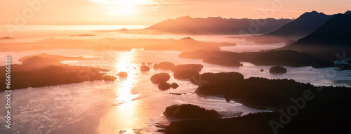 Rocky Shore on the Pacific Ocean Coast in Tofino  Vancouver Island  BC  Canada. Sunset. Aerial