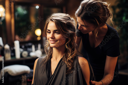 Hairdresser combing a woman's hair in a modern beauty center. Health and wellness concept. Generative AI