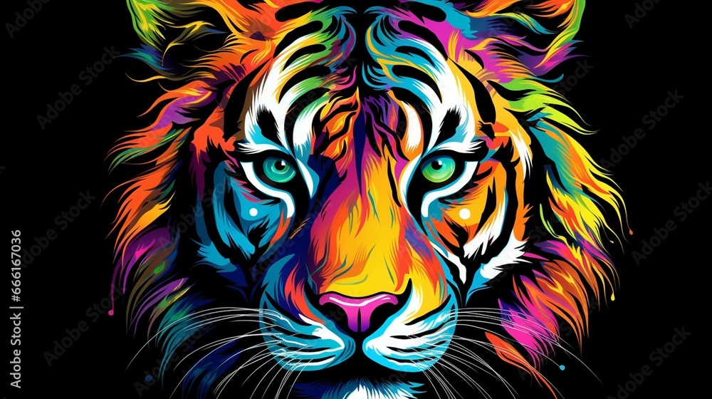 Tiger. Abstract, multicolored, neon portrait of a tiger looking forward, in the style of pop art on a black background.