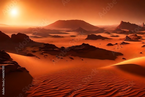 the surface of Mars, red sands, towering Olympus Mons in the distance, sunset casting long shadows, dust storm on the horizon