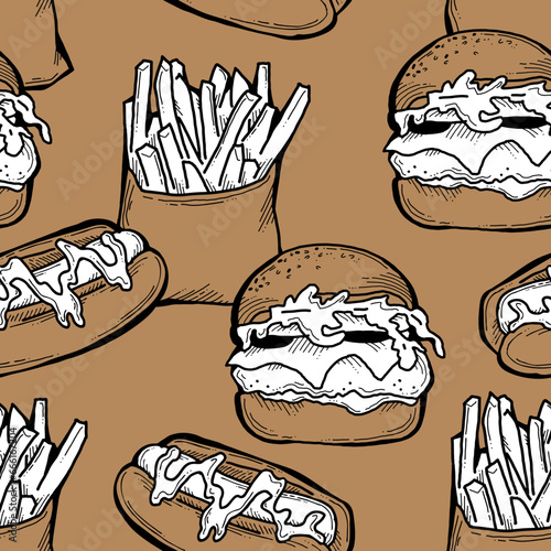 Fast food seamless vector pattern with hamburger, french fries, hot dog. Decorative design for wrapping paper, fabric print, digital background. Hand drawn doodle style cartoon illustration.