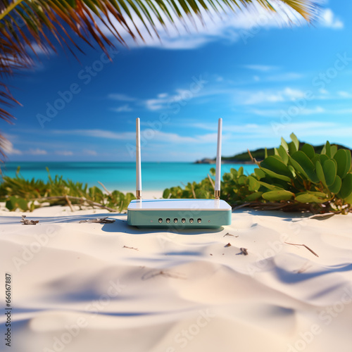 Wi-fi router on the sea beach by the hotel. Oceanfront wifi internet. Hotspot on the resort's sandy beach. Luxury hotel with internet on the beach. A wi-fi point on an island vacation.