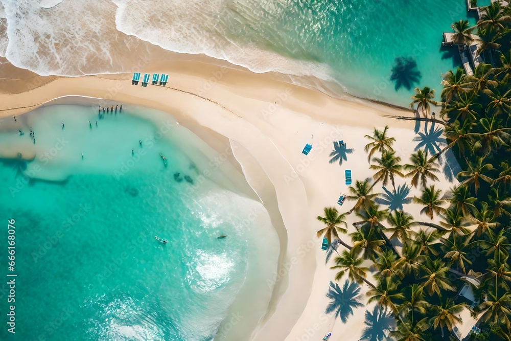 Beach with palm trees on the shore in the style of birds-eye-view. Turquoise and white plane view on beach aerial photography  