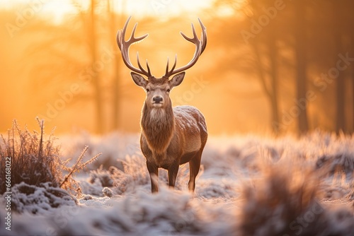 Beautiful red deer stag in winter landscape with hoarfrost, Fallow deer stag during rutting season at sunrise in winter, AI Generated © Ifti Digital