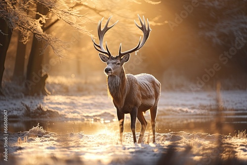 Deer in winter forest at sunset. Wildlife scene from nature  Fallow deer stag during rutting season at sunrise in winter  AI Generated