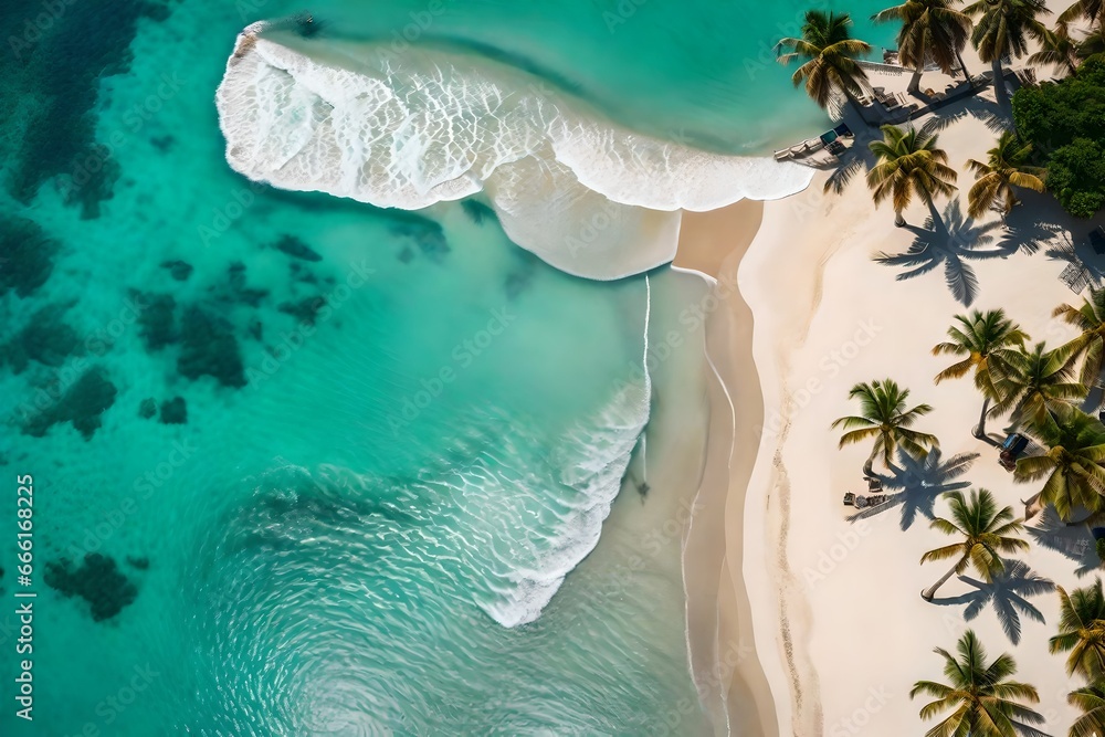 Beach with palm trees on the shore in the style of birds-eye-view. Turquoise and white plane view on beach aerial photography  