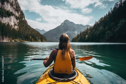 Young woman kayaking on lake in mountains. Adventure and travel concept, Female kayaking on a mountain lake, rear view, no face revealed, natural background, AI Generated © Ifti Digital