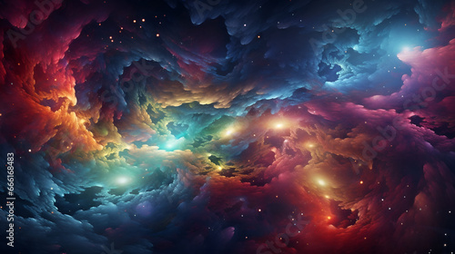 An explosion of color and cosmic energy, featuring abstract swirls of nebulas, galaxies, and vibrant stardust. AI generative.