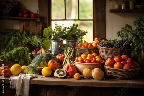 Composition with variety of fresh vegetables and fruits in rustic kitchen, Fruits and vegetables on a wooden table in a rustic kitchen, AI Generated