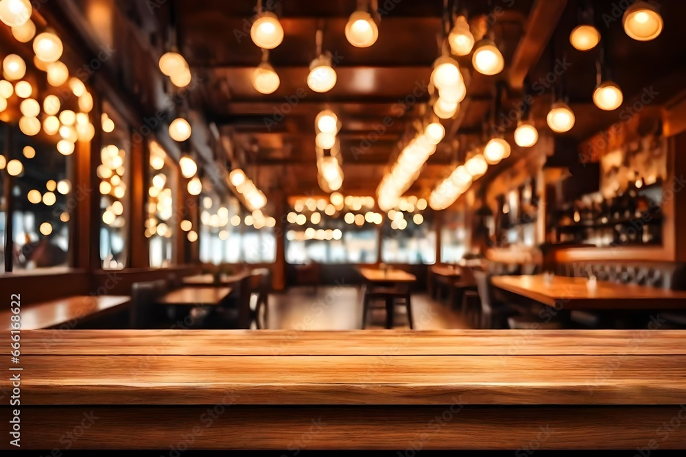 Image of wooden table in front of abstract blurred restaurant lights background. - obrazy, fototapety, plakaty 