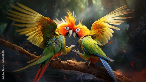 couple of parrots fighting each other.
