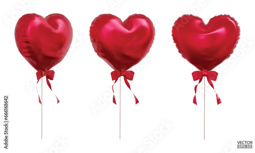 background. Helium red heart balloons clipart for anniversary, birthday, wedding, Christmas, card  party. 3D vector illustration