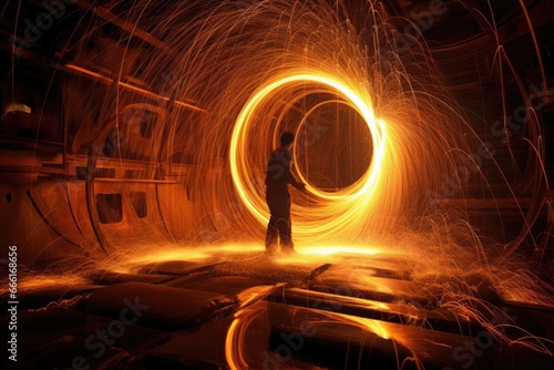 Steel wool burning in a metallurgical plant, closeup of photo, Enter the captivating world of welding flames photography, AI Generated photo