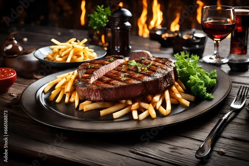 Plate of steak with french fries on a beautiful table restaurant 