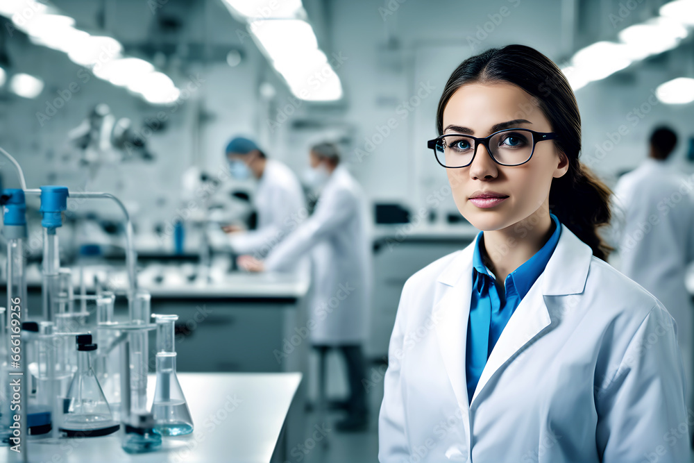 Beautiful young woman scientist wearing white coat and glasses in modern Medical Science Laboratory with Team of Specialists on background Beautiful young woman scientist wearing white coat and glasses in modern Medical Science Laboratory with Team of Specialists on background
