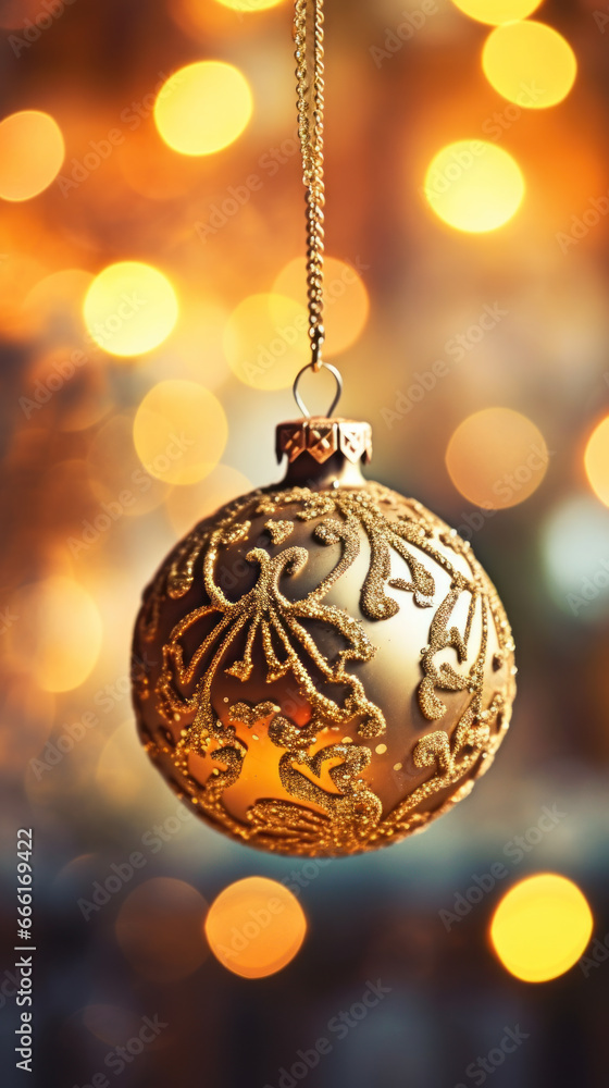 Golden Christmas ornament hanging with glowing background Golden Christmas ornament hanging with glowing background