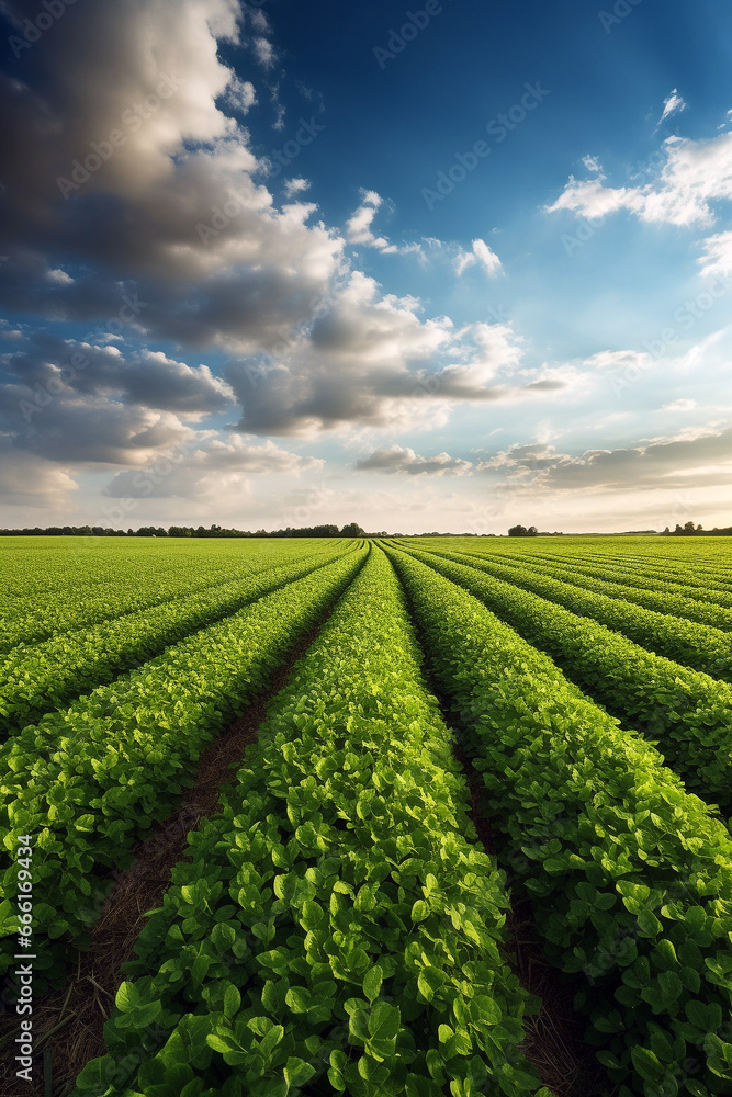 Beautiful green fields sown with agricultural crops, straight rows, modern agriculture. Beautiful sky.