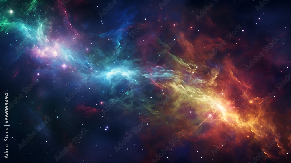 Fototapeta premium An explosion of color and cosmic energy, featuring abstract swirls of nebulas, galaxies, color and vibrant stardust. AI generative.