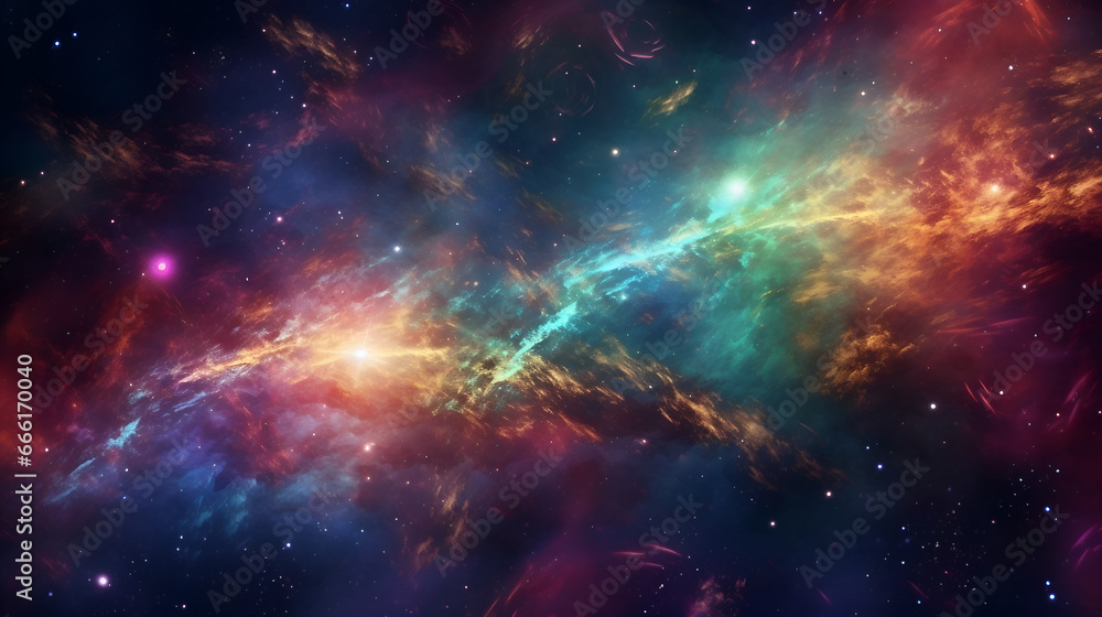 An explosion of color and cosmic energy, featuring abstract swirls of nebulas, galaxies, and vibrant stardust. AI generative.