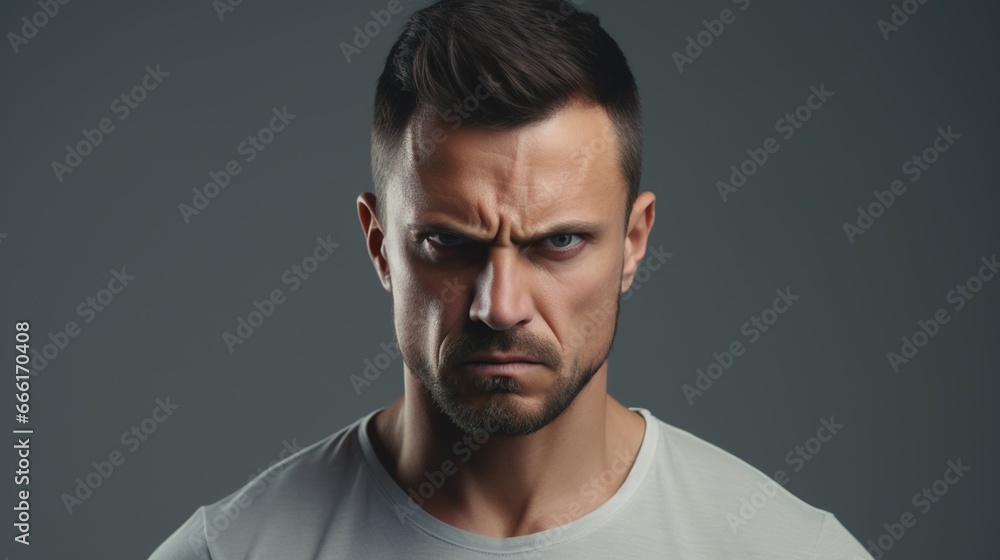 Fototapeta premium Angry Man Looking at the Camera Isolated on the Minimalist Background 